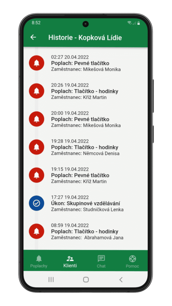 Historie poplachů klientky Kopkové Lídie v mobilní aplikaci HelpLivi