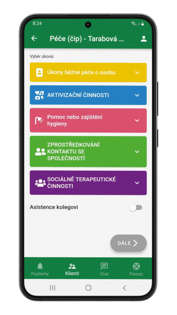 Přehled úkonů péče klientky Tarabové v mobilní aplikaci HelpLivi – výběr z kategorií péče